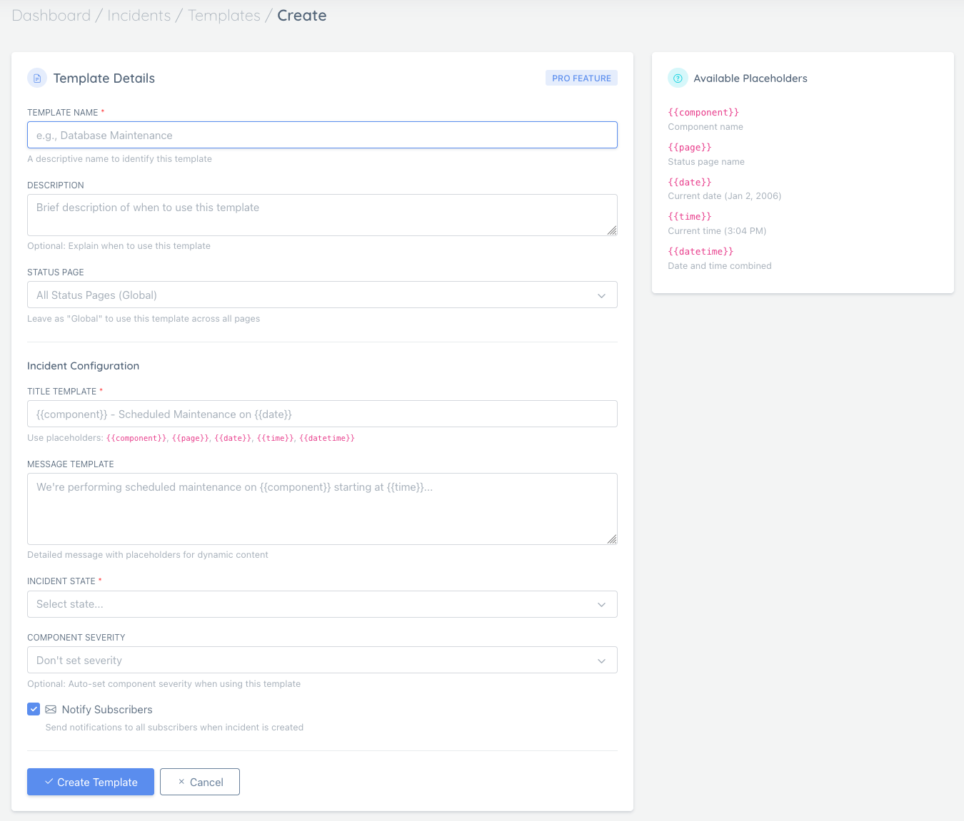 Incident templates list